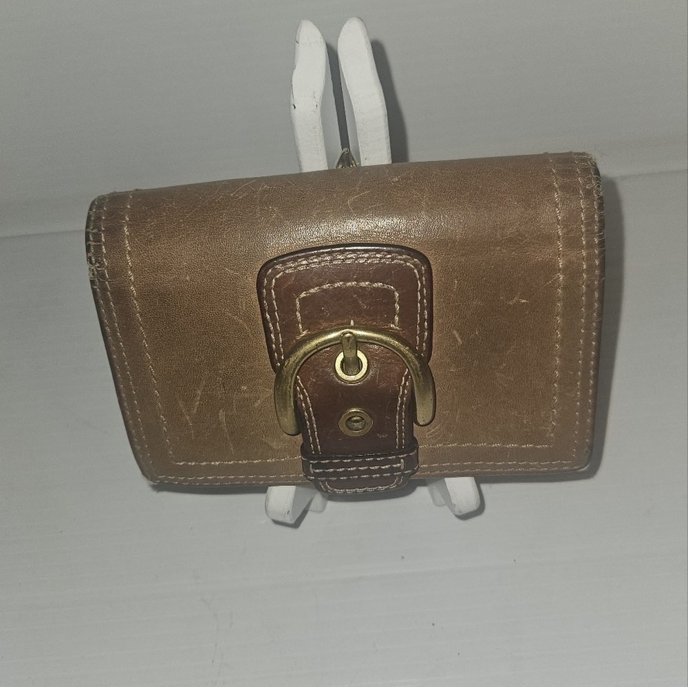 Vintage Coach Brown Leather Stitched Buckle Trifold Square Wallet Y2K Classic